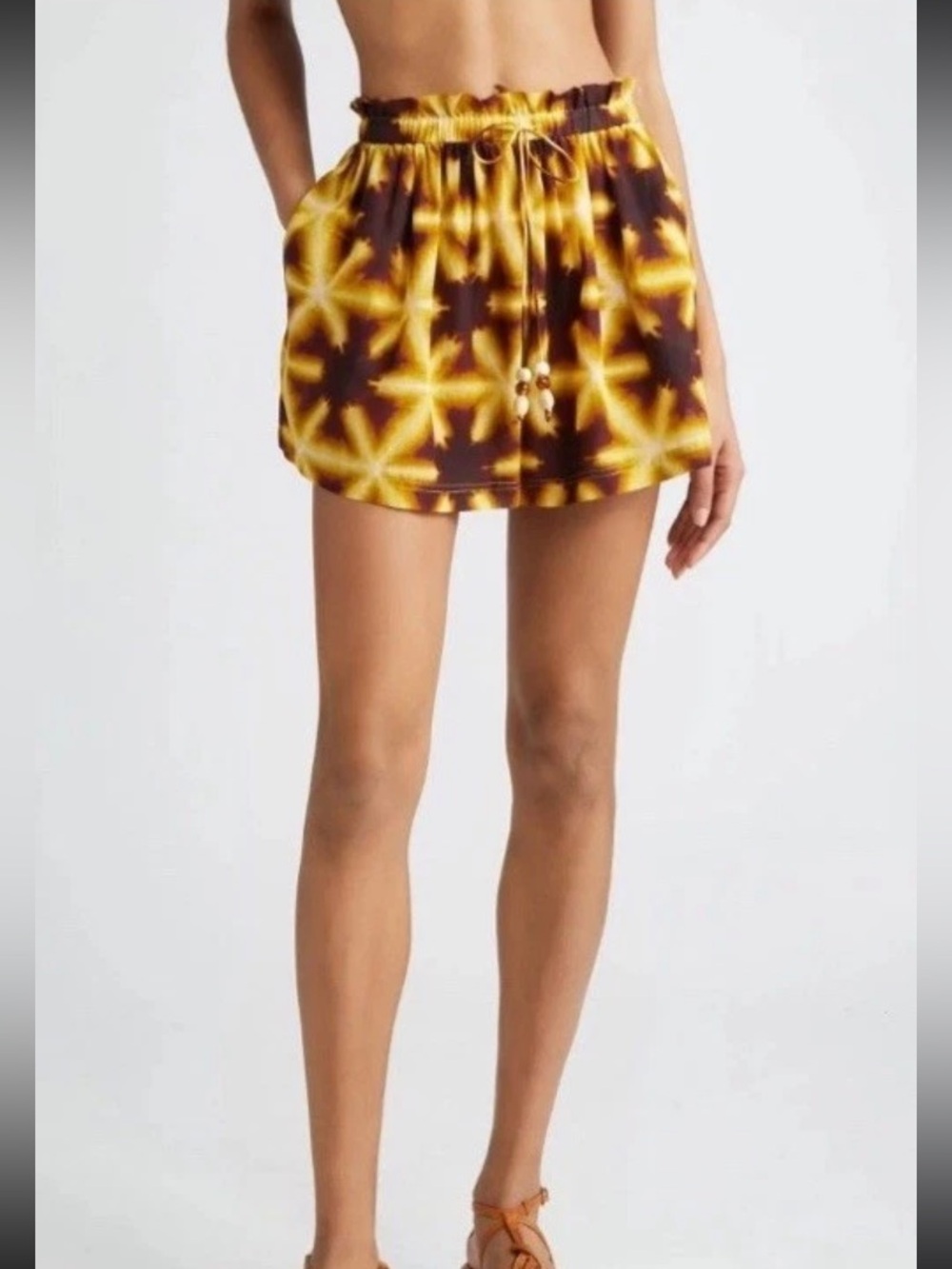 Ulla Johnson Bijou Tie Dye Cotton Blend Pull-on Beach Shorts Yellow Brown Size M